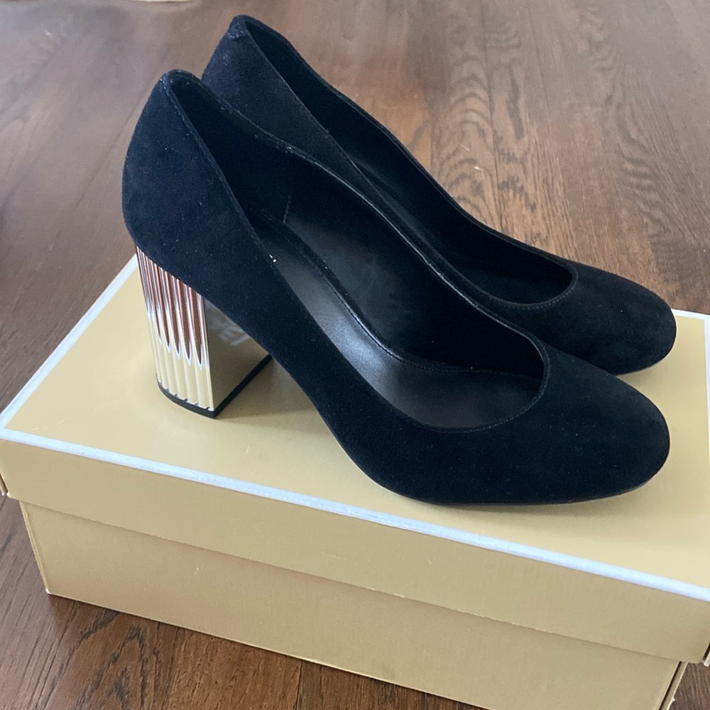 Michael Kors Black Suede Block Heel Pumps with Silver Accent